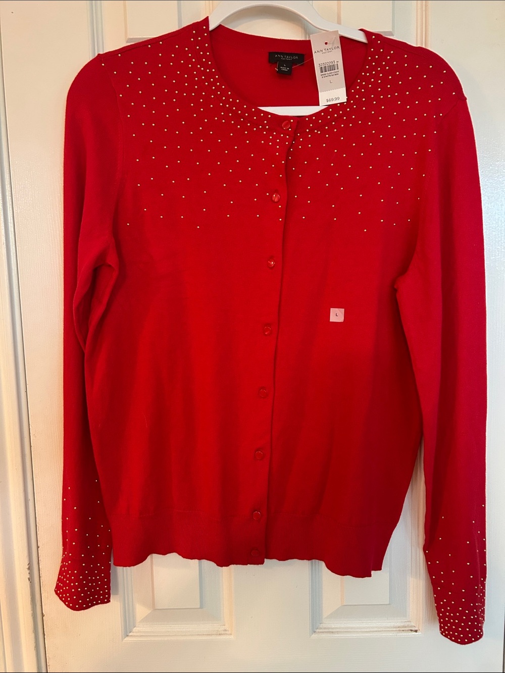 Ann Taylor Bright Red Studded Crewneck Cardigan